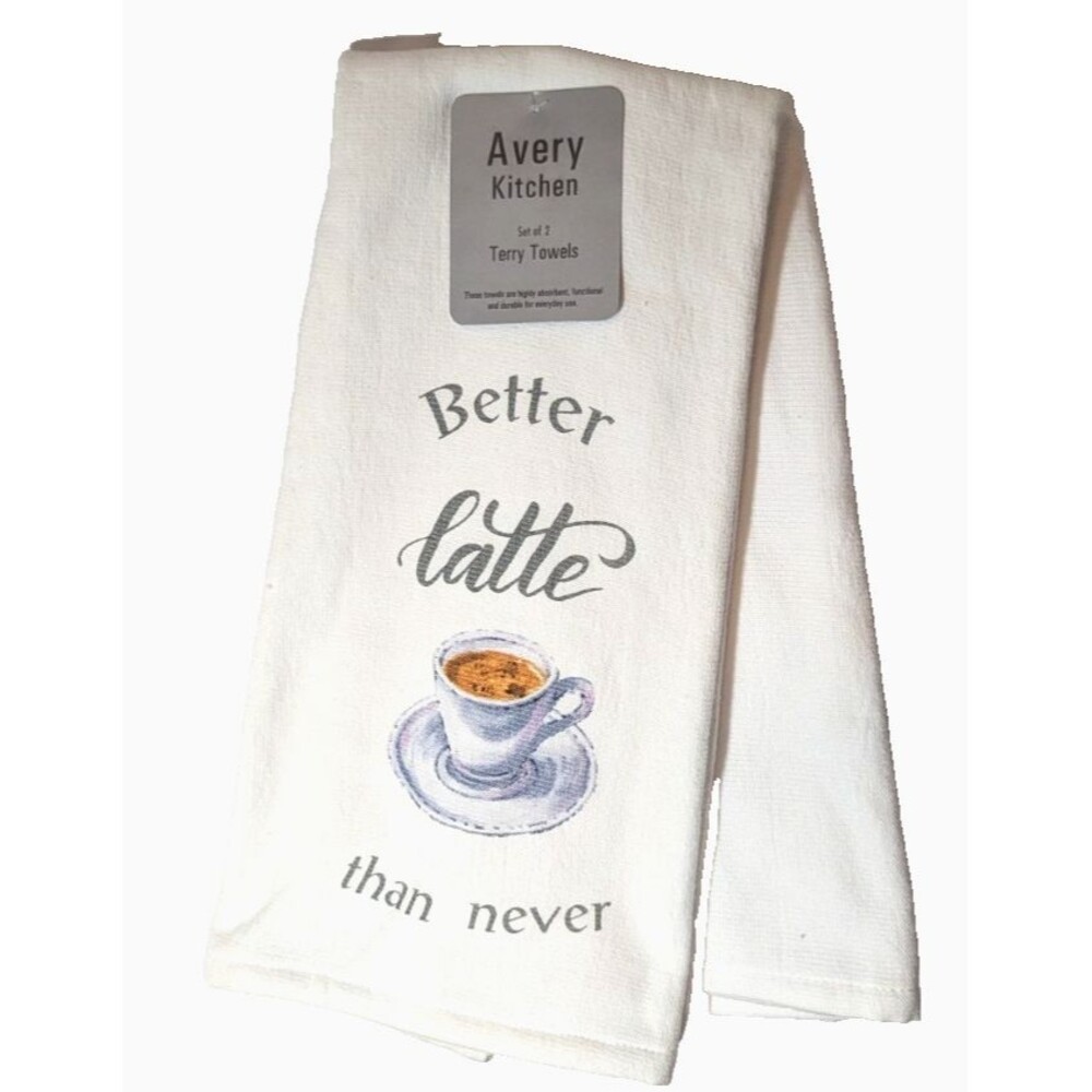Avery Kitchen Better Latte Than Never 2pc Kitchen Towels Coffee Cup Saucer NEW